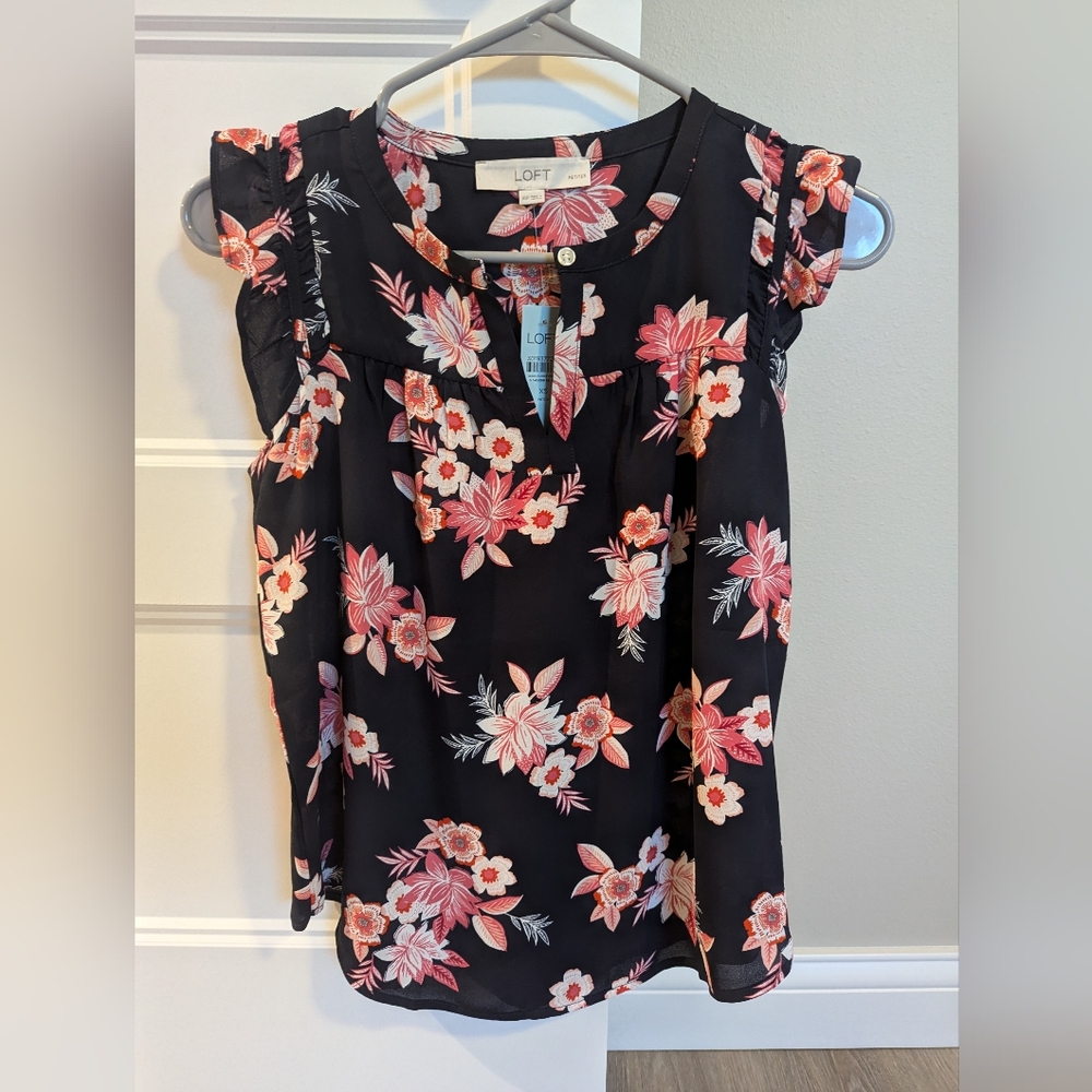 Loft Womens Blouse Blue Pink Floral Sleeveless Keyhole Neck Button XSP